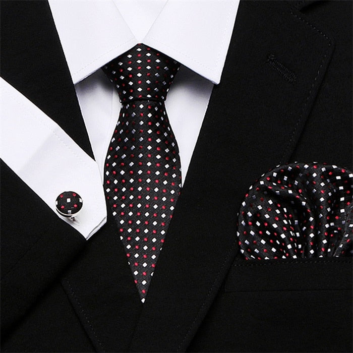 Men`s Tie Silk Red Plaid print Jacquard Woven Tie + Hanky + Cufflinks Sets For Formal Wedding Business Party Free Postage