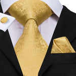 Hi-Tie Silk Men Tie Set Floral Yellow Gold Ties and Handkerchiefs Cufflinks Set Men&#39;s Wedding Party Suit Fashion Neck Tie C-3053