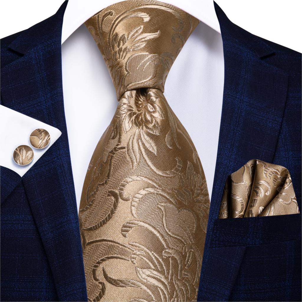 Hi-Tie Silk Men Tie Set Floral Yellow Gold Ties and Handkerchiefs Cufflinks Set Men's Wedding Party Suit Fashion Neck Tie C-3053