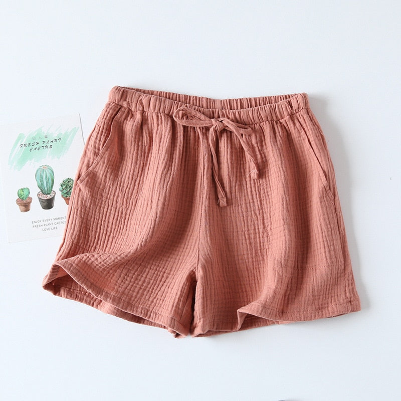 Summer Couple Sleep Pants Cotton Crepe Nightwear for Men and Women Pajama Shorts Elastic Waist Sleep Bottoms Sleeping Shorts