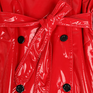 Nerazzurri Autumn Long Red Waterproof Shiny Reflective Patent Leather Trench Coat for Women Double Breasted Plus Size Fashion