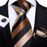 DiBanGu Designer Mens Wedding Tie Gold Black Striped Silk Neck Ties For Men Hanky Cufflinks Set Business Party Gravatas