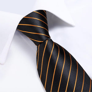 DiBanGu Designer Mens Wedding Tie Gold Black Striped Silk Neck Ties For Men Hanky Cufflinks Set Business Party Gravatas