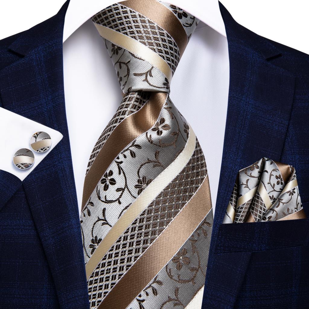 Hi-Tie Silk Men Tie Set Floral Yellow Gold Ties and Handkerchiefs Cufflinks Set Men's Wedding Party Suit Fashion Neck Tie C-3053