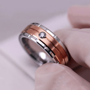 Fashion 8mm Men&#39;s Double Groove Beveled Steel Ring Rose Gold Color Brushed Inlay AAA Zircon Ring Men&#39;s Wedding Band Jewelry Gift