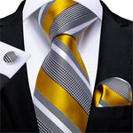 DiBanGu Designer Mens Wedding Tie Gold Black Striped Silk Neck Ties For Men Hanky Cufflinks Set Business Party Gravatas