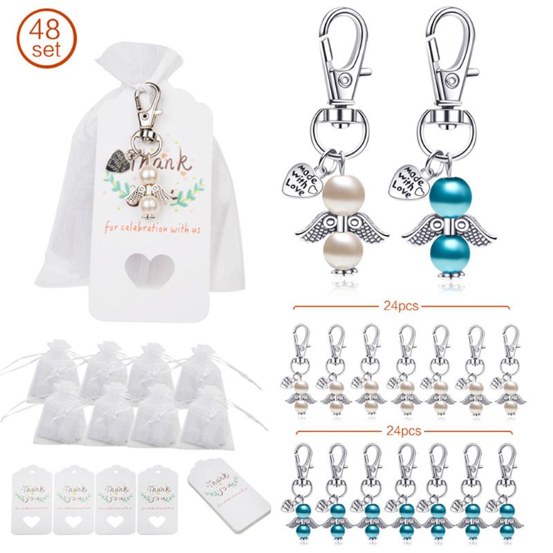 48 Set Angel Favor Keychains Keyring Thank You Kraft Tags Candy Bags for Baby Shower Wedding Party Decoration Guest Return Gifts