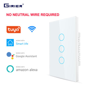 Smart Wifi Touch Switch No Neutral Wire Required Smart Home 1/2/3 Gang Light Switch 220V Support Alexa Tuya App 433RF Remote