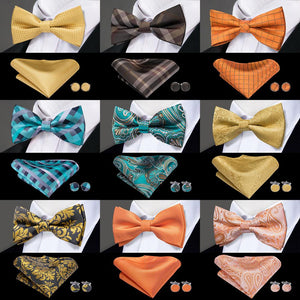 Hi-Tie Classic Black Bow Ties for Men 100% Silk Butterfly Pre-Tied Bow Tie Pocket Square Cufflinks Suit Set Floral Gold Bowties