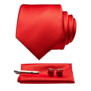 JEMYGINS Original New Solid Silk Tie Male Formal Plain Red Necktie Pocket Square Hanky Cufflinks Set For Men Party Wedding