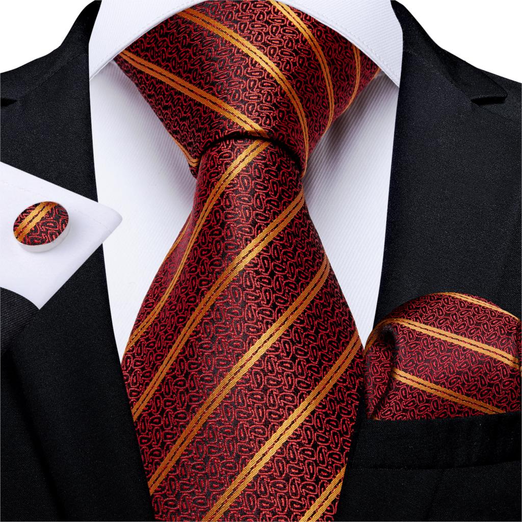 New Design Wedding Men Tie Red  Solid Striped Paisley Neckties For Men Business Dropshipping DiBanGu Hanky Cufflinks Tie Set