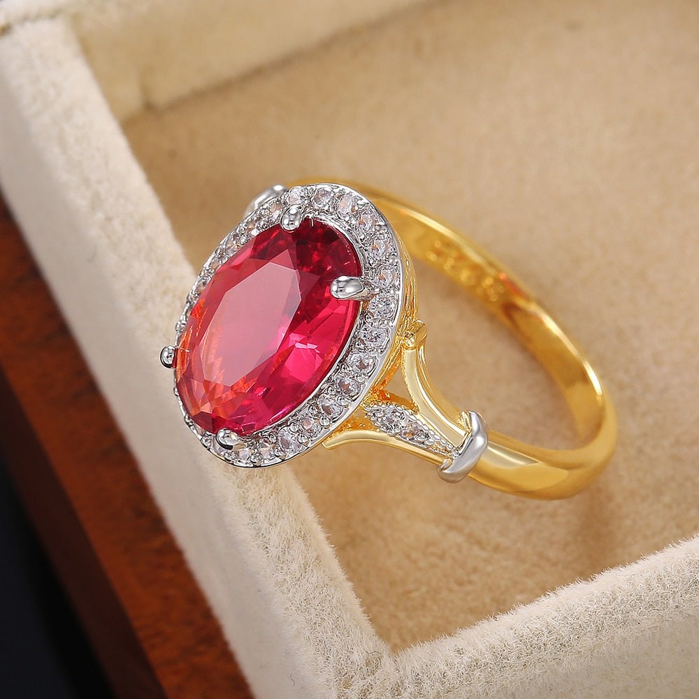 Huitan Big Oval Shaped Rose Red Cubic Zirconia Women Rings Luxury Ladies Jewelry for Party Best Mother&#39;s Gift Brilliant CZ Rings