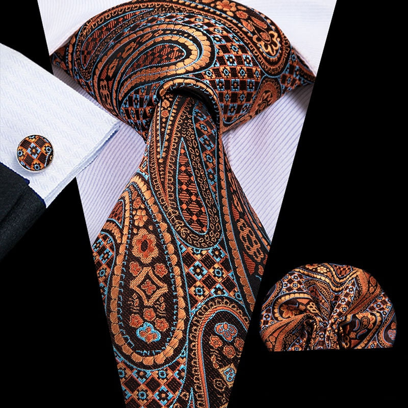 Hi-Tie Silk Men Tie Set Floral Yellow Gold Ties and Handkerchiefs Cufflinks Set Men's Wedding Party Suit Fashion Neck Tie C-3053