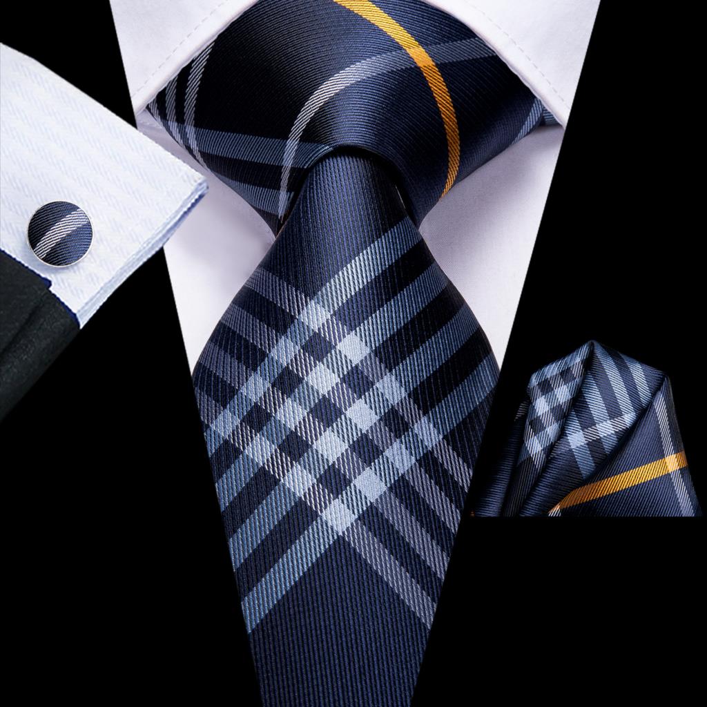 Hi-Tie  Silk Wedding Tie For Men Blue White PlaidHandky Cufflink Set Fashion Designer Necktie For Men Business Party Dropship
