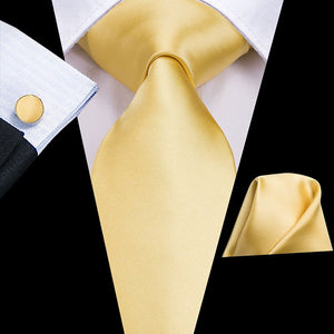 Hi-Tie Silk Men Tie Set Floral Yellow Gold Ties and Handkerchiefs Cufflinks Set Men&#39;s Wedding Party Suit Fashion Neck Tie C-3053