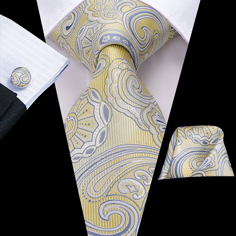 Hi-Tie Silk Men Tie Set Floral Yellow Gold Ties and Handkerchiefs Cufflinks Set Men's Wedding Party Suit Fashion Neck Tie C-3053