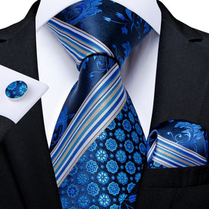 Classic Navy Blue Men&#39;s Tie Striped Paisley Floral Necktie Pocket Square Cufflinks Business Tie Set Cravat Gift For Men DiBanGu