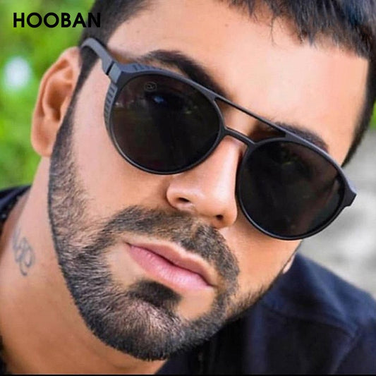 HOOBAN Classic Steampunk Sunglasses Men Fashion Round Glasses For Male Vintage Brand Designer Eyeglasses Shade Outdoor UV400