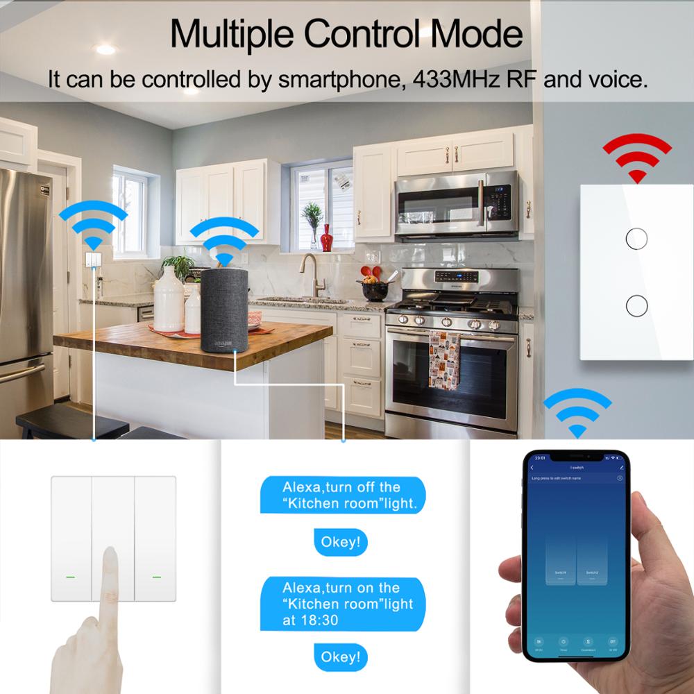 Smart Wifi Touch Switch No Neutral Wire Required Smart Home 1/2/3 Gang Light Switch 220V Support Alexa Tuya App 433RF Remote