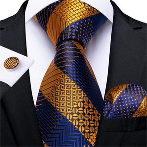 DiBanGu Designer Mens Wedding Tie Gold Black Striped Silk Neck Ties For Men Hanky Cufflinks Set Business Party Gravatas