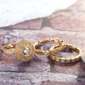 Huitan Trendy Luxury 3 PC Bridal Ring Sets Noble Royal Golden Color With Cubic Zircon Stone Factory Wholesale Women Midi Ring