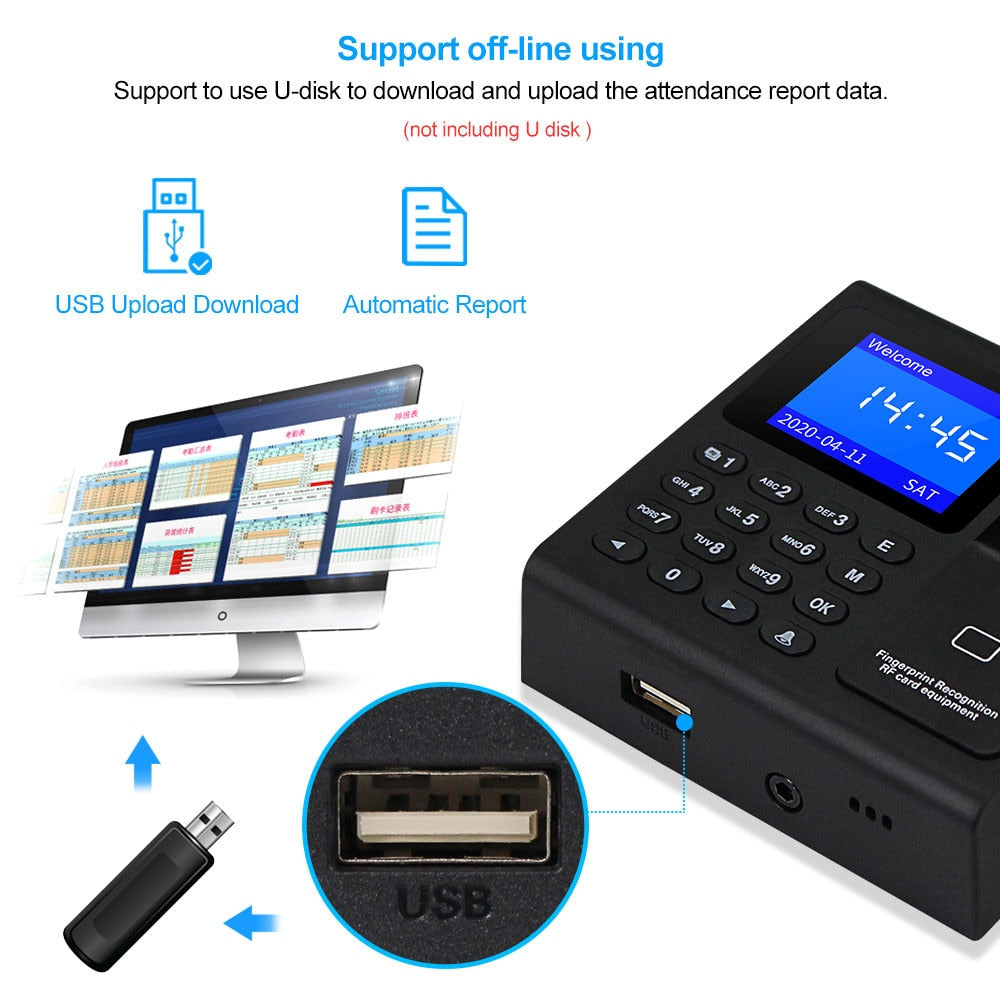 Biometric Fingerprint RFID Access Control Keypad System Electronic USB Time Clock Recorder Attendance Machine +10 Keyfobs Card