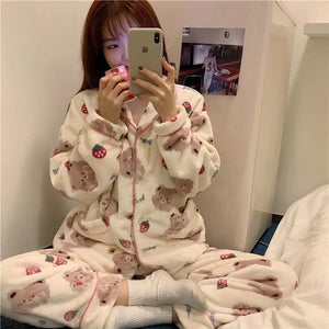 QWEEK Strawberry Bear Pattern Pyjamas Kawaii Pajama Winter Coral Fleece Home Clothes 2 Piece Set Pijamas Lounge Wear Sleepwear