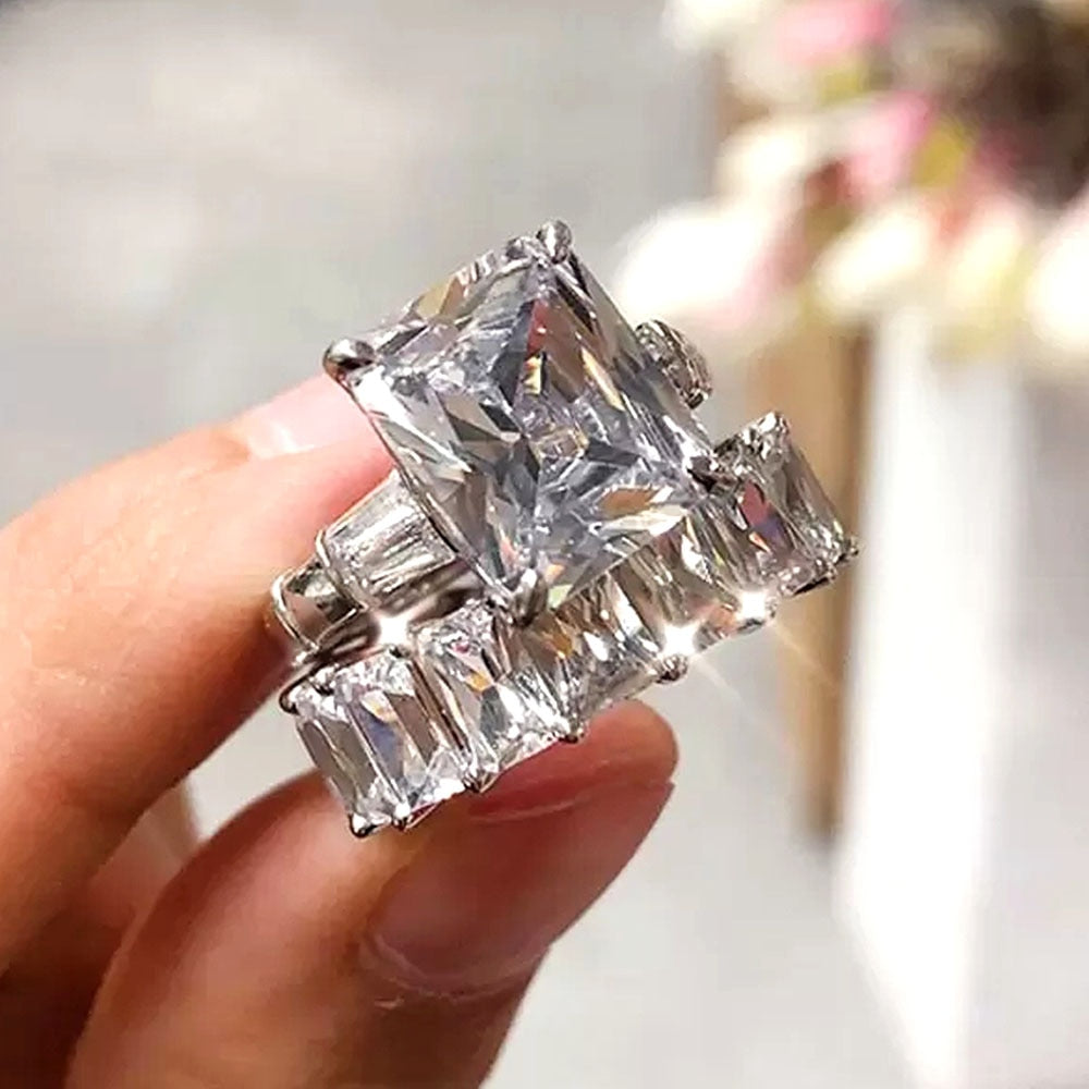 Huitan Luxury Square Cubic Zirconia Set Rings for Women Crystal AAA CZ Promise Rings Wedding Engagement Party Fashion Jewelry