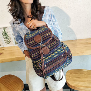 Women&#39;s Bags 2022 New Ethnic Styles Striped Canvas Double Shoulders Large Capacity Backpacks Designer Bag Retro Female Bag