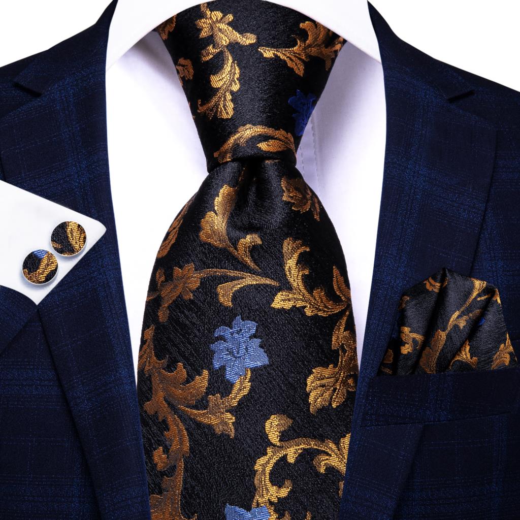 Hi-Tie Silk Men Tie Set Floral Yellow Gold Ties and Handkerchiefs Cufflinks Set Men's Wedding Party Suit Fashion Neck Tie C-3053