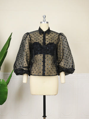 Plus Size Tops Rose Turn Down Collar Long Puff Sleeve See Through Organza Polka Dot Blouse Office Lady Evening Party Shirts Top
