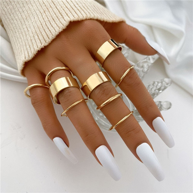 Modyle 10 pcs/set Bohemian Ring Set Gold Silver Color Wide Rings For Women Girls Simple Chain Finger Tail Rings