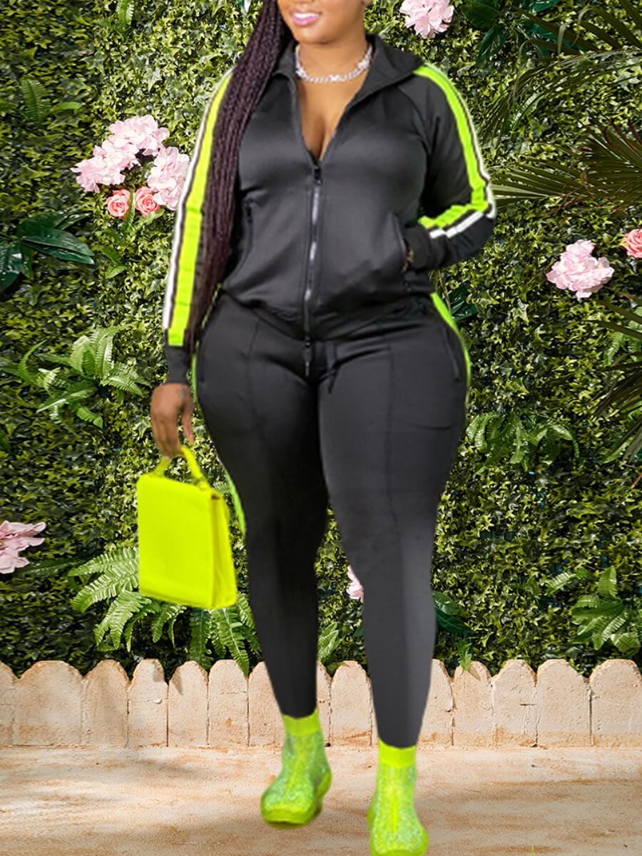 LW Plus Size Hooded Collar Patchwork Tracksuit Set Women Fall Clothes Sweatsuit Joggers Outfit Zip Top Sweatpants Tracksuit