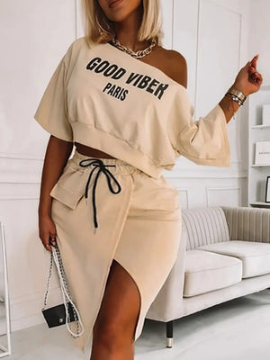 LW Plus Size Two Piece Letter Print Striped Skirt Set Fashion Casual Oblique Bateau Collar Summer Tops+Bottoms Matching Outfits
