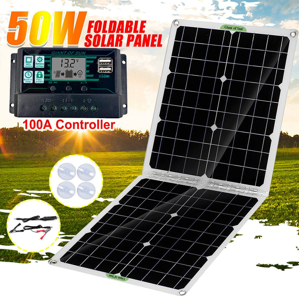 50W 18V 12V 9V 5V Foldable Dual USB Output Device Solar Panel Portable Waterproof Outdoor Van Boat Power Battery Cells Charger