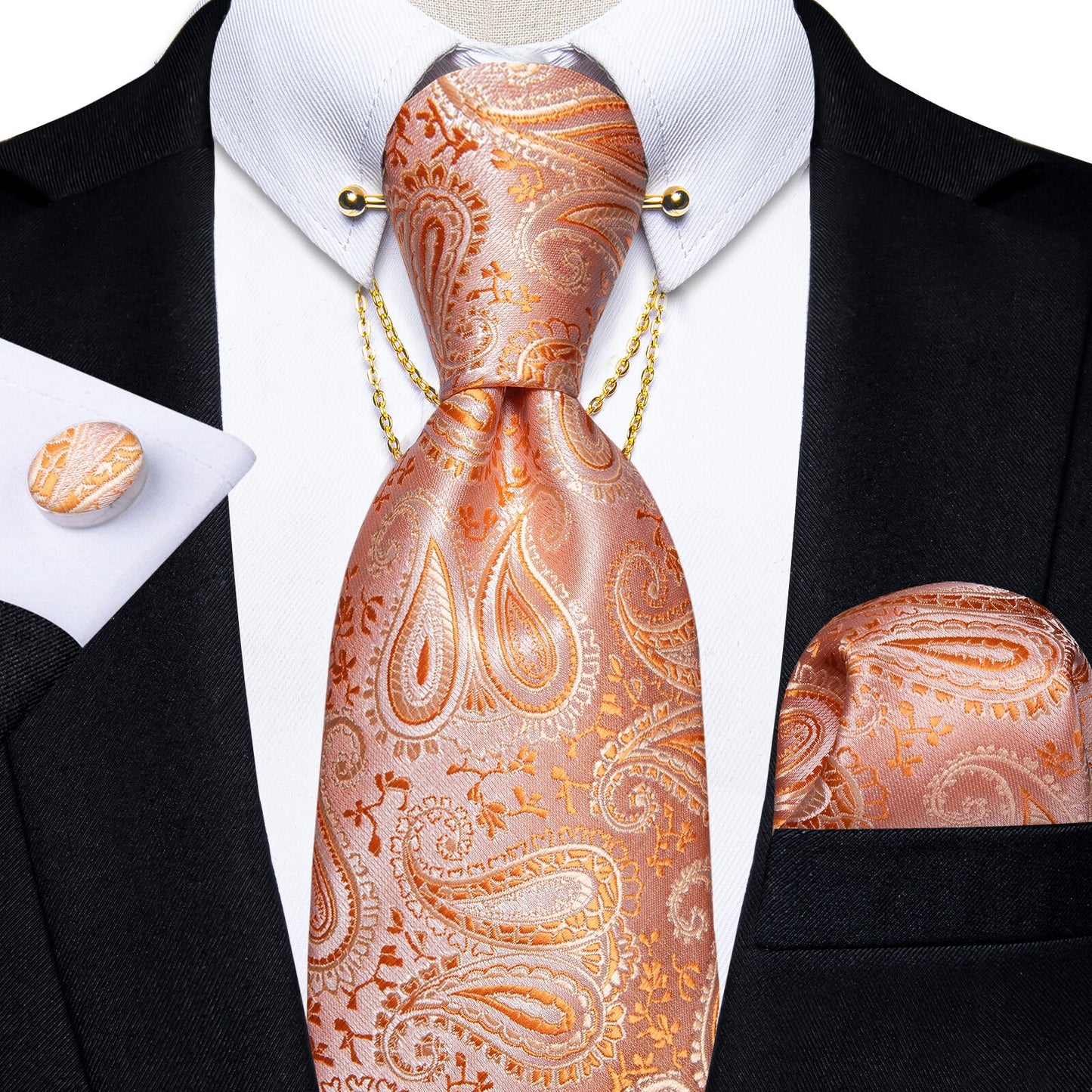 Luxury Black Gold Paisley Silk Ties For Men 8cm Men's Wedding Neck Tie Pocket Square Cufflinks Set Collar Pin Men's Gift