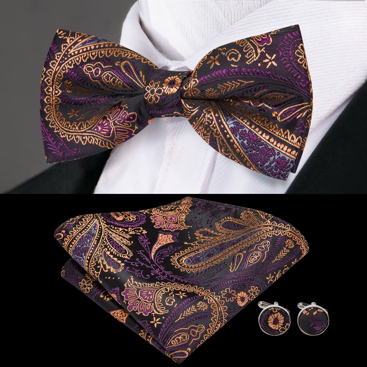 Hi-Tie Classic Black Bow Ties for Men 100% Silk Butterfly Pre-Tied Bow Tie Pocket Square Cufflinks Suit Set Floral Gold Bowties