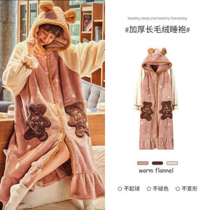 Strawberry Hooded Bathrobe Pajamas Fleece Nightwear Winter Women Warm Thick Coral Velvet Home Wear Nightgown Sleep Wear