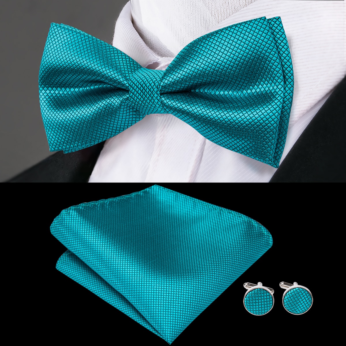 Hi-Tie Classic Black Bow Ties for Men 100% Silk Butterfly Pre-Tied Bow Tie Pocket Square Cufflinks Suit Set Floral Gold Bowties