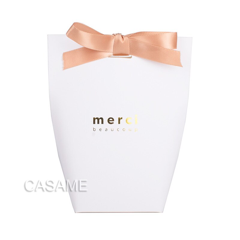 6 pcs Black White Kraft Paper Bag Bronzing French &quot;Merci&quot; Thank You Gift Box Package Brown Party Favor Candy Bags with Ribbon