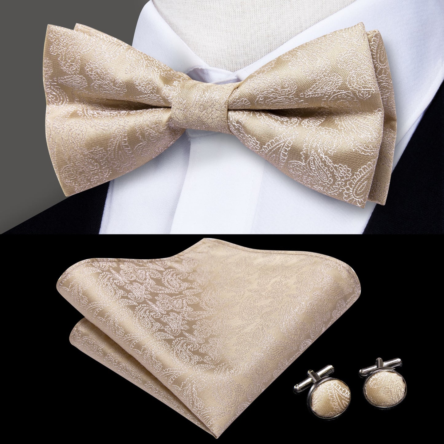 Hi-Tie Classic Black Bow Ties for Men 100% Silk Butterfly Pre-Tied Bow Tie Pocket Square Cufflinks Suit Set Floral Gold Bowties