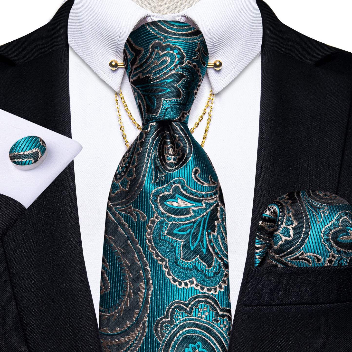 Luxury Black Gold Paisley Silk Ties For Men 8cm Men's Wedding Neck Tie Pocket Square Cufflinks Set Collar Pin Men's Gift