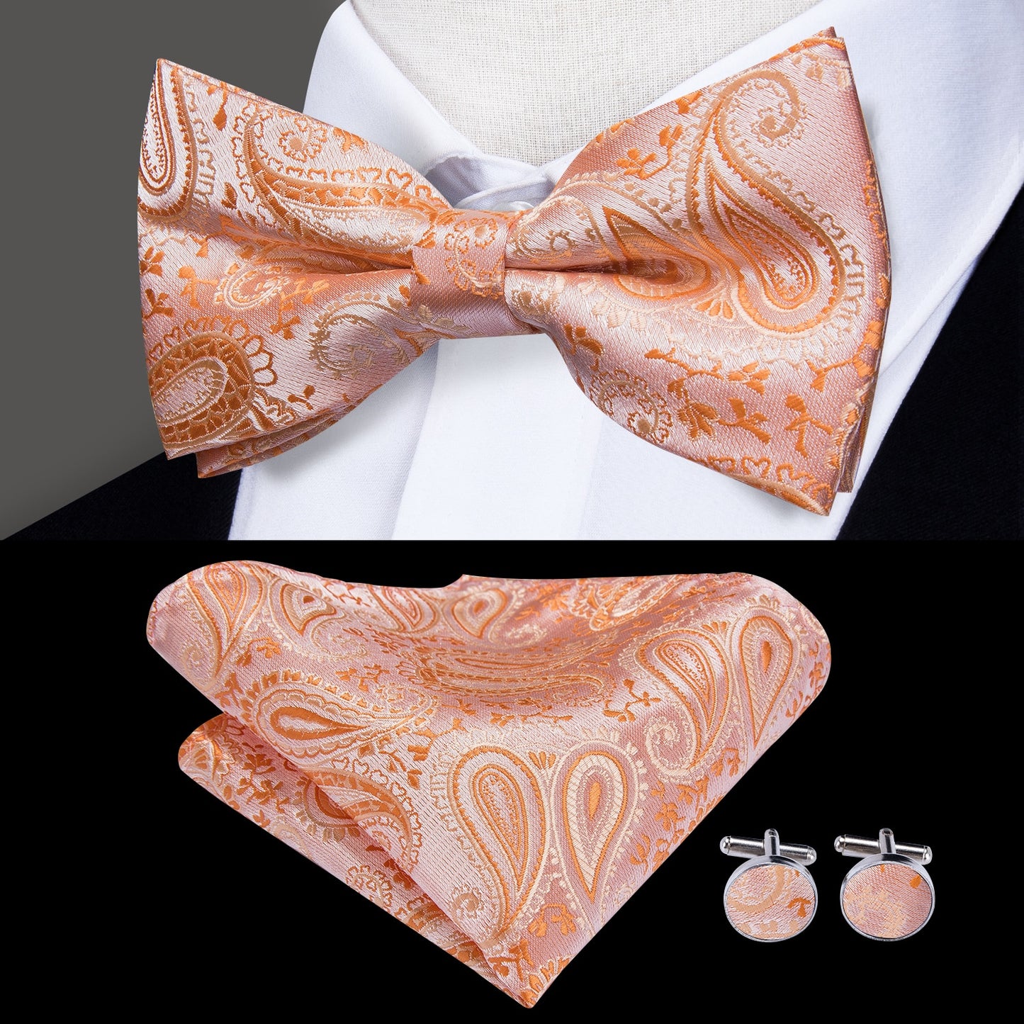 Hi-Tie Classic Black Bow Ties for Men 100% Silk Butterfly Pre-Tied Bow Tie Pocket Square Cufflinks Suit Set Floral Gold Bowties