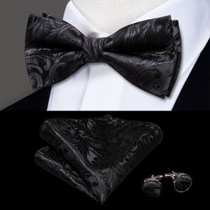 Hi-Tie Classic Black Bow Ties for Men 100% Silk Butterfly Pre-Tied Bow Tie Pocket Square Cufflinks Suit Set Floral Gold Bowties