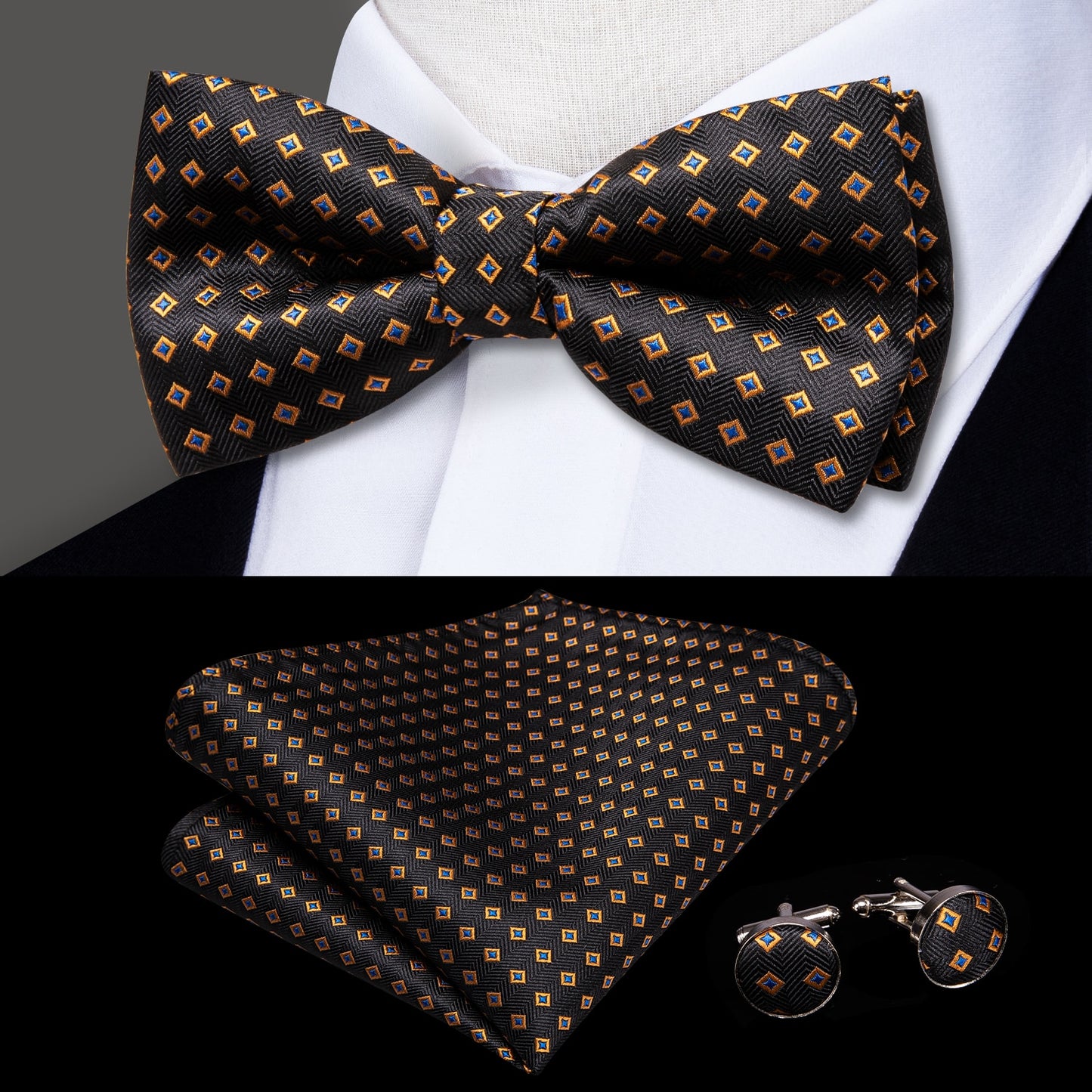Hi-Tie Classic Black Bow Ties for Men 100% Silk Butterfly Pre-Tied Bow Tie Pocket Square Cufflinks Suit Set Floral Gold Bowties