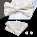 Hi-Tie Classic Black Bow Ties for Men 100% Silk Butterfly Pre-Tied Bow Tie Pocket Square Cufflinks Suit Set Floral Gold Bowties