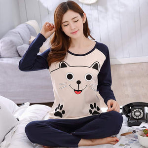 Autumn Thin 2pieces Pyjamas Set Women Sleepwear Lovely Home Suits 2021 Round Neck Girls Teacup SleepwearLong Sleeve Pajamas