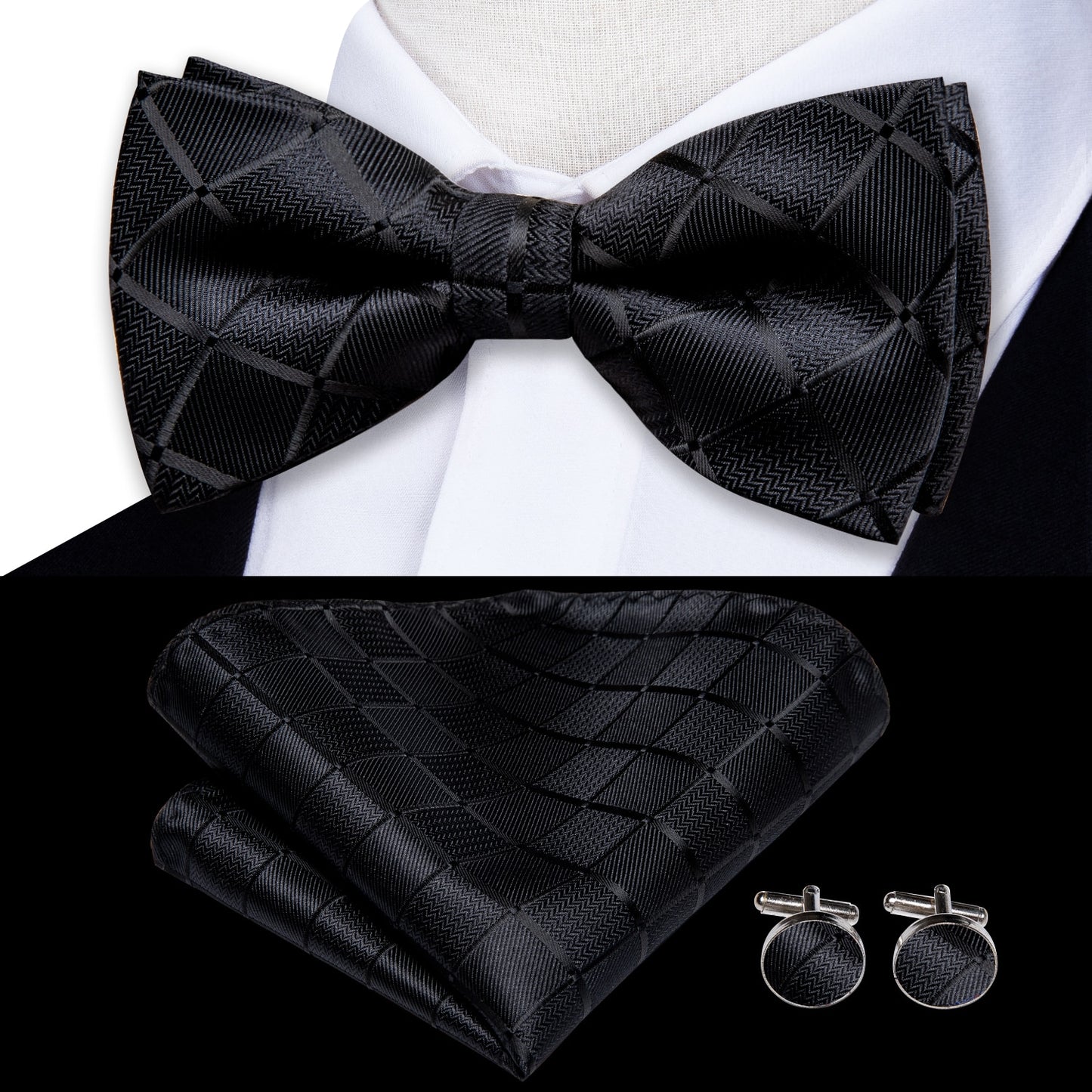 Hi-Tie Classic Black Bow Ties for Men 100% Silk Butterfly Pre-Tied Bow Tie Pocket Square Cufflinks Suit Set Floral Gold Bowties