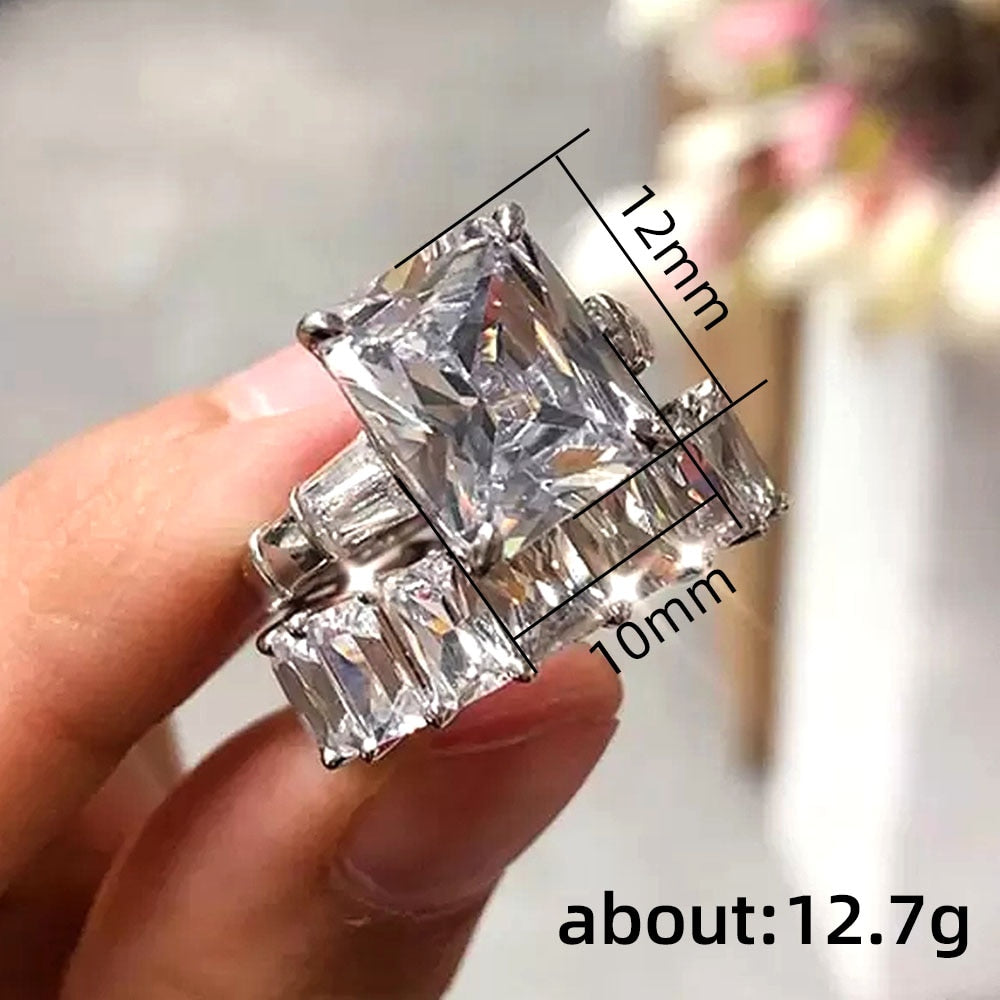 Huitan Luxury Square Cubic Zirconia Set Rings for Women Crystal AAA CZ Promise Rings Wedding Engagement Party Fashion Jewelry