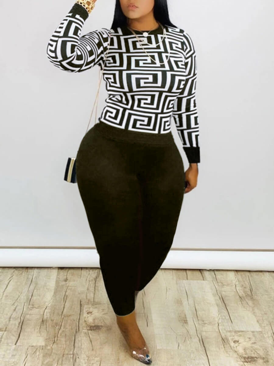 LW Plus Size Round Neck Geometric Print Pants Set Female Polyester Casual RegularLong Sleeve O-Neck Matching Outfits For Women